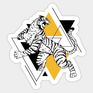 Retro Black & Gold Tiger on the Attack // Vintage Geometric Shapes Background Sticker